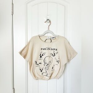 Zara X Looney Tunes Tweety Bird Girls Beige Cropped Short Sleeve Size 7
